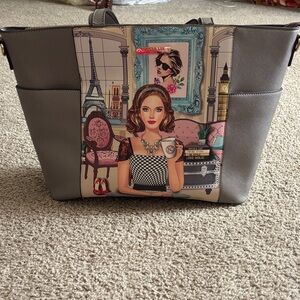 Nicole Lee (Vegan Leather) Gray Paris Illustration Tote with Pink Accents